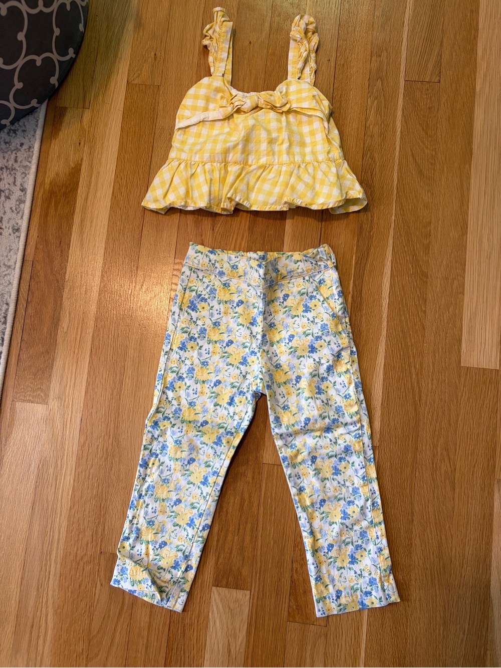 Yellow Gingham Ruffle Top with Floral Leggings Set